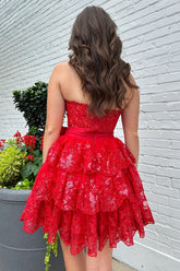 Misshow Sparkly A Line Red Strapless Corset Short Homecoming Dress/Mini Dress with Bow